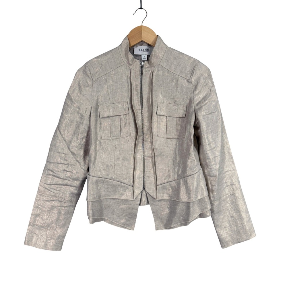 Per Se by Carlisle Linen Jacket Women 4 Champagne Metallic Zipper Cuff Moto